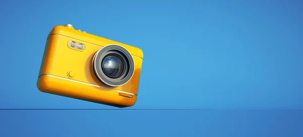 Vykreslení Žluté Kamery Modrém Pozadí Spoustou Kopírovacího Prostoru — Stock fotografie