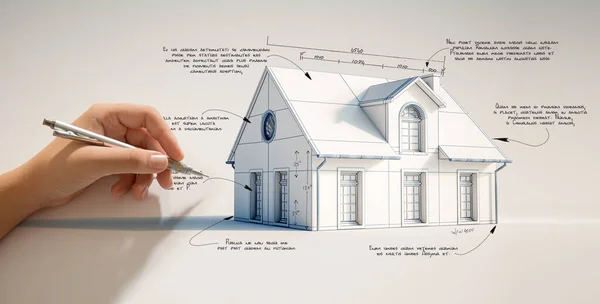 Rendering Classical House White Background Hand Writing Technical Notations — Stock Photo, Image