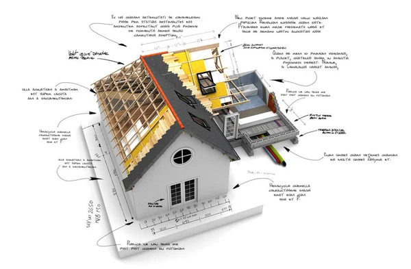 技術的な建設要件を持つ住宅プロジェクトの3Dレンダリング — ストック写真