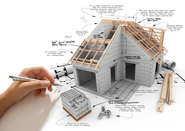 Rendering Hus Opførelse Med Håndskrift Noter Målinger Tekniske Specifikationer - Stock-foto