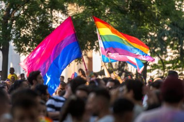 Madrid, 9 Temmuz 2022, LGBTI, Biseksüel ve transseksüel bayrakları Gay geçit töreninde 