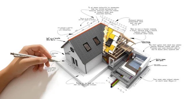 Rendering House Project Hand Writing Technical Construction Requirements 免版税图库图片