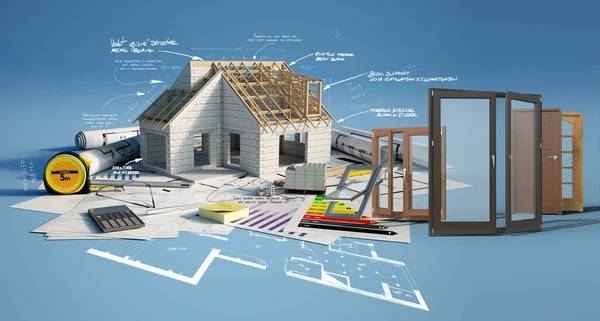 Rendering House Construction Top Blueprints Doors Windows Selection Energy Efficiency ストックフォト