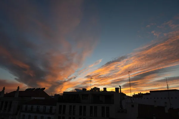 Sun Rising Rooftops Madrid 图库图片