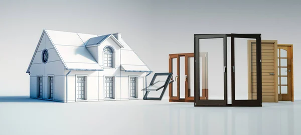 Rendering Una Casa Con Una Selezione Porte Finestre — Foto Stock