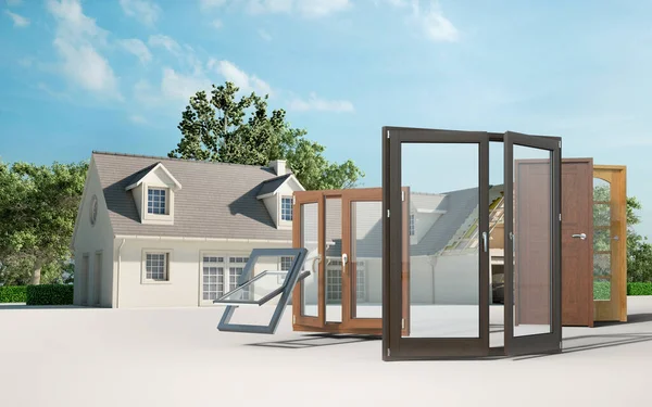 Perenderan Rumah Sedang Dibangun Dengan Pilihan Pintu Dan Jendela — Stok Foto