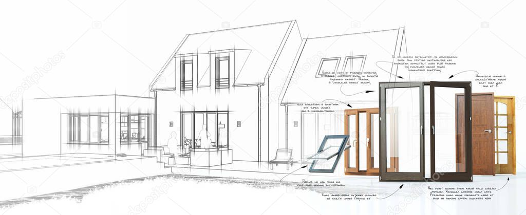 3D rendering of a house draft and a door and window selection