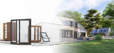Bir ev taslağı ve kapı ve pencere seçiminin 3B canlandırması
