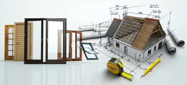 Rendering House Construction Top Blueprints Doors Windows Selection Technical Details — Stock Photo, Image