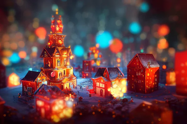 Christmas town, with cardboard, tinsel and fairy lights in a cozy winter atmosphere