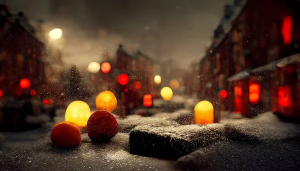3D rending of a fantasy town, with Christmas lights and snow