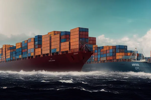 3D rendering of a cargo container ship convoy
