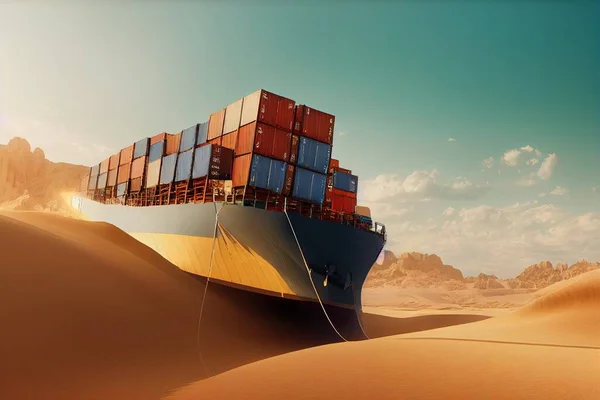 3D rendering of a Cargo container ship stranded on the dessert