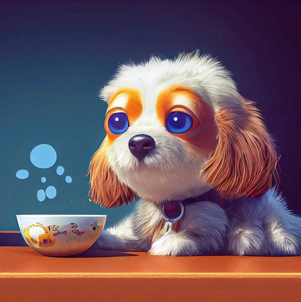 3D rendering of an adorable cartoon dog and its food bowl