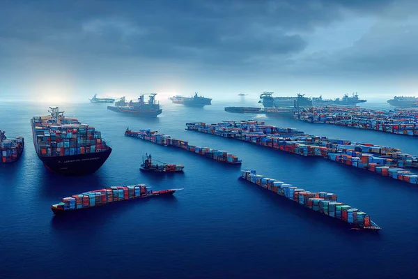 3D rendering of an ocean full of cargo ships