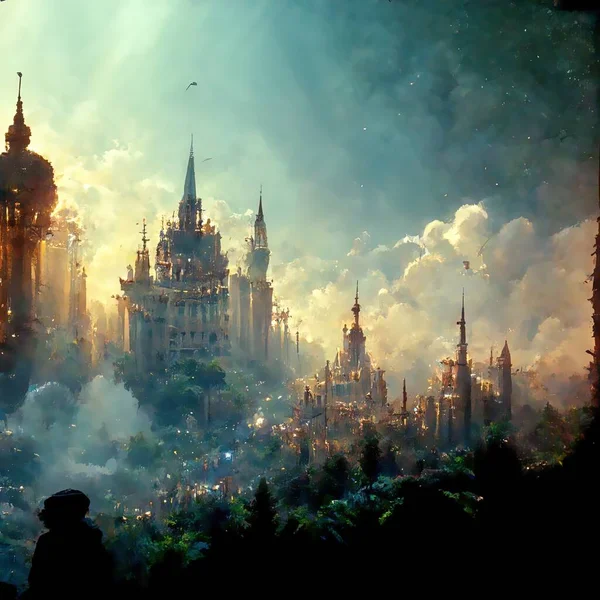 3D rendering of a magical city with turrets and domes