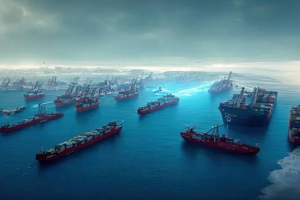 3D rendering of an ocean full of cargo ships