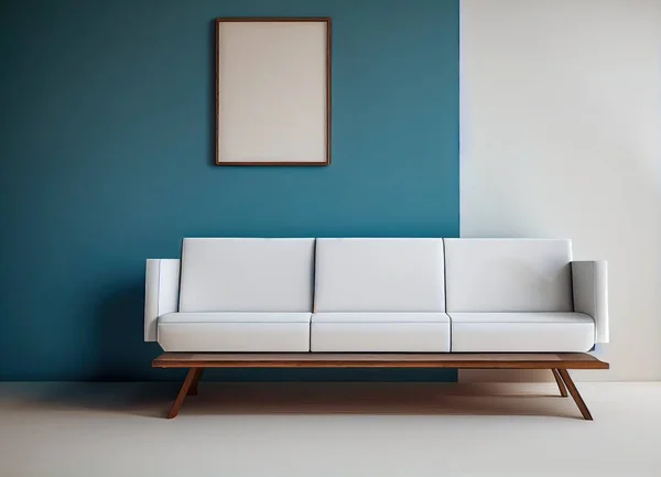 3D rendering of a sofa in a white and blue room with minimal contemporary design
