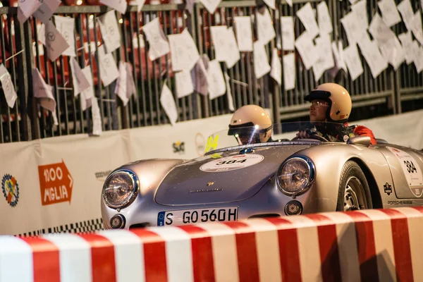 Silver Porsche 550 A Spider, 1956, during the 1000 Miglia — Stock Photo, Image