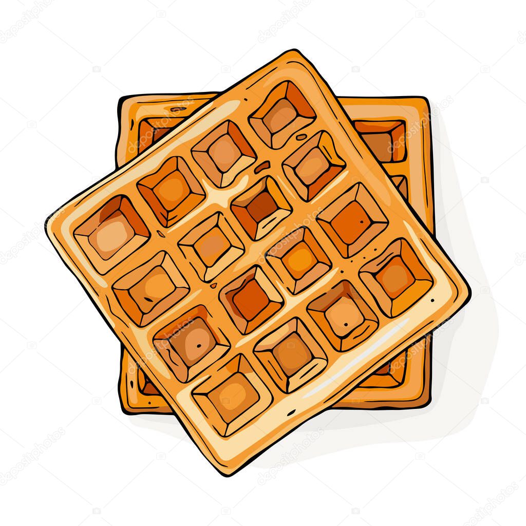 Two belgian waffles isolated on white background. Top view. Vector illustration.