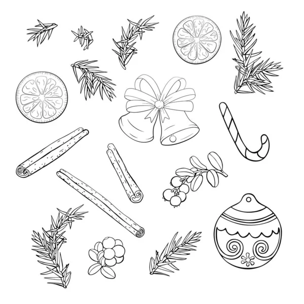 Éléments Noël Pour Coloration Citron Baies Cloche Branches Arbre Noël — Image vectorielle