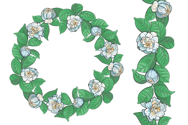 Gardenia flowers and leaves. Floral wreath and seamless pattern brush. Vector illustration isolated on white background.