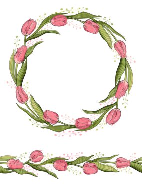 Kusursuz çiçek desenli fırça ve laleli çiçek çelengi. Vektör illüstrasyonu beyaz arkaplanda izole edildi.