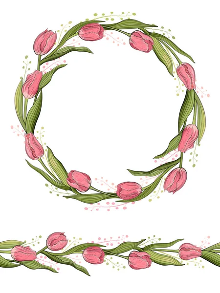 Cepillo Patrón Floral Sin Costuras Corona Flores Con Tulipanes Ilustración — Vector de stock
