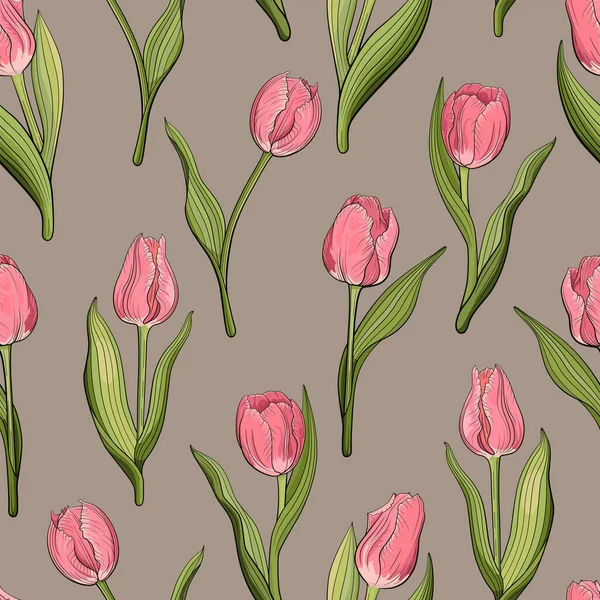 チューリップとベクトルシームレスパターン ピンクの花と春のイラスト 花の背景 — ストックベクタ