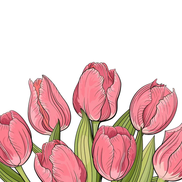 チューリップの花の花束とグリーティングカード 春の花ベクトルイラスト白背景 — ストックベクタ