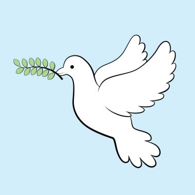 Zeytin dallı uçan beyaz güvercin. Barışın sembolü. Vektör illüstrasyonu.