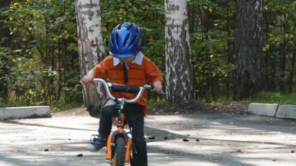 Little boy learning to ride a bike — Stock Video