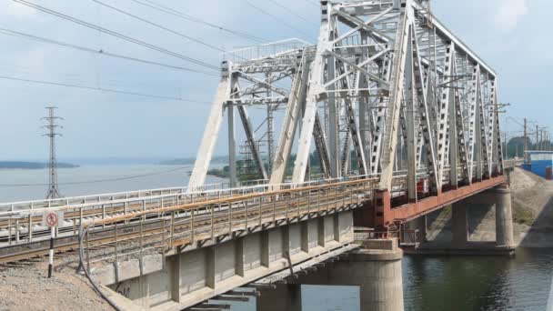 Treno merci viaggia sul ponte ferroviario — Video Stock