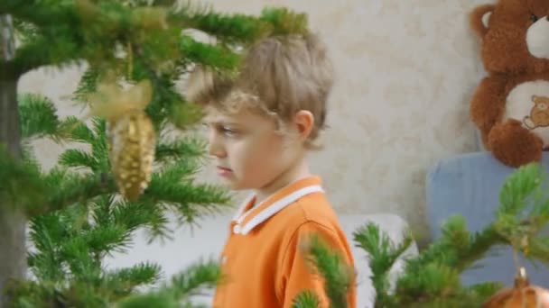 Jeune garçon décore un arbre de Noël 