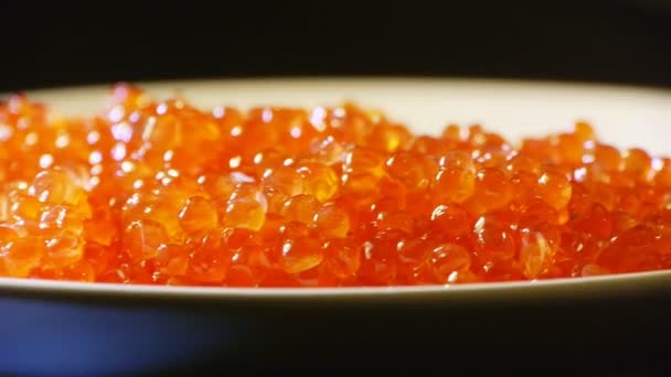 Caviar rojo en un plato blanco — Vídeo de stock