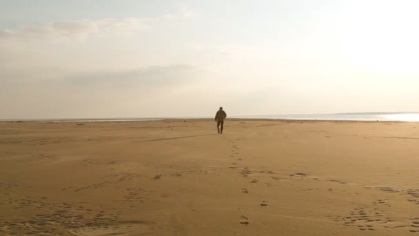 Чоловік, що йде на пісок, залишаючи сліди — стокове відео