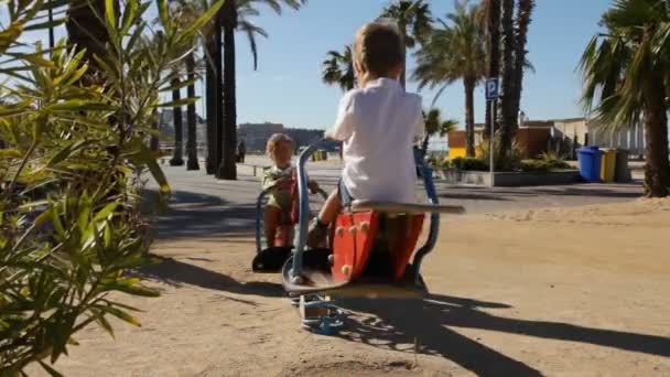 Twee kleine jongens rijden een schommel — Stockvideo