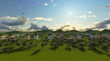 Yukarıdan küçük yeşil köy. 3D render