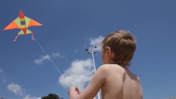 Gelukkige jongen vliegen een vlieger op het strand — Stockvideo