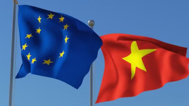 Прапори країн Європейського Союзу та В'єтнам — стокове відео