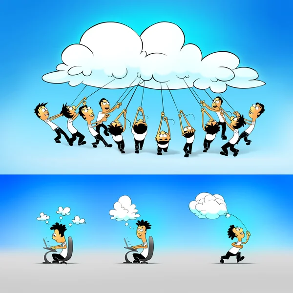 Concetto di cloud computing. Persone che lavorano e si connettono attraverso il cloud . — Foto Stock