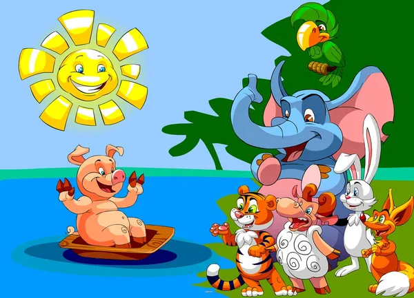 Animales felices mirando al cerdo bañado en una bañera bajo el sol — Foto de Stock