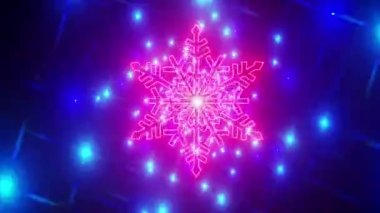 Parlak neon kar tanelerinden oluşan bir tünel. Yeni yıl videosu için parlak dinamik Noel arkaplanı. 