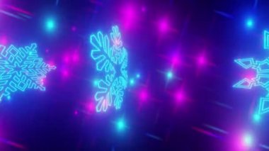 Parlak neon kar tanelerinden oluşan bir tünel. Noel partileri için VJ malzemesi. Yeni yıl videosu için parlak dinamik Noel arkaplanı.