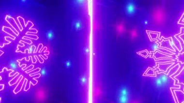 Noel partileri için VJ malzemesi. Parlak neon kar tanelerinden oluşan bir tünel. Yeni yıl videosu için parlak dinamik Noel arkaplanı. 