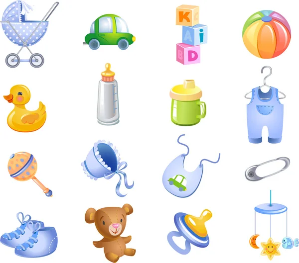 Toys and accessories for baby boy. Vector Graphics