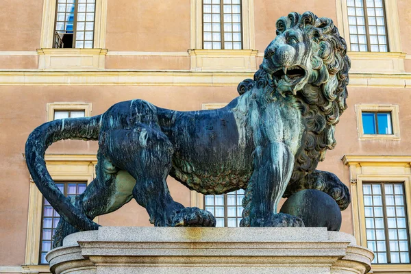 Stockholm Suécia Julho 2022 Estátua Leão Palácio Real Área Gamla — Fotografia de Stock