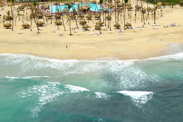 Plage exotique avec palmiers et parasols — Photo