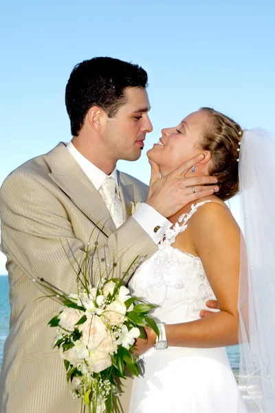 Feliz boda pareja sonriendo — Foto de Stock