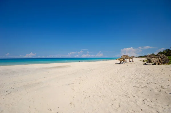 Strand Tropischen Ziel Sonnenschirme Aus Palmblättern Strand Von Varadero Kuba — Stockfoto